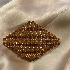 Brooch w/Amber & Gold prong set Rhinestones - 2 3/4” x 2”